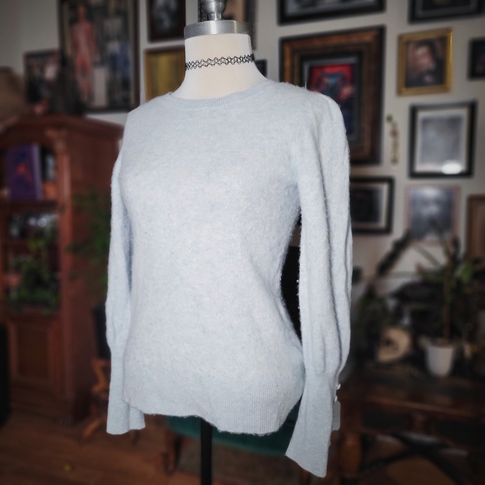 Boston Proper Light Blue 100% Cashmere Crew Neck Puff Sleeve‎ Sweater